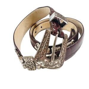 Lake Shore Drive Leather Belt Size M Silvertone Ornate Buckle Hinge Inserts Boho